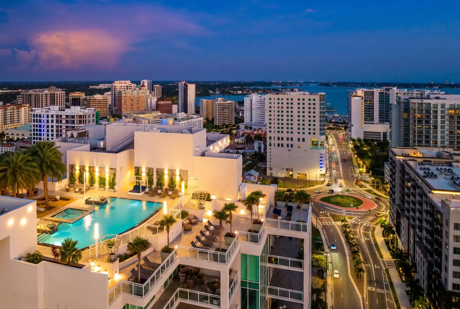 BLVD Sarasota rooftop pool and downtown skyline at twilight